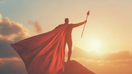 A heroic figure stands tall on a mountain peak at sunset, holding a spear and a flowing cape. This dramatic silhouette embodies strength, courage, and aspiration.の素材