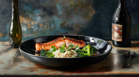 A beautifully arranged plate featuring grilled salmon, vibrant broccoli, and couscous, set against an artistic backdrop. Ideal for gourmet dining inspiration.の素材