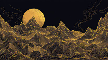 An artistic representation of a mountain landscape featuring golden lines against a dark background. This design evokes tranquility and creative exploration.の素材