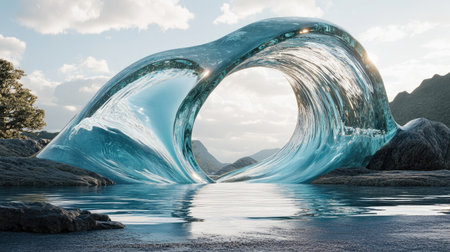 An enchanting scene featuring a majestic wave formation, reflecting sunlight and surrounded by serene rock formations, emphasizes the beauty of nature and tranquility.の素材