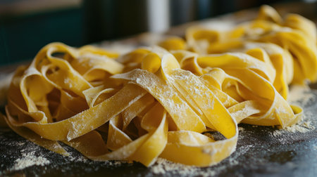 A beautiful close-up of freshly made fettuccine pasta resting on a wooden surface, lightly dusted with flour, perfect for showcasing culinary craftsmanship.の素材