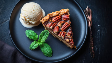 A tempting slice of pecan pie elegantly served with a scoop of vanilla ice cream, garnished with fresh mint, perfect for any dessert lover.の素材