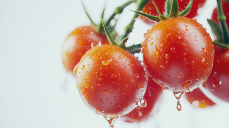 Bright red tomatoes with vibrant water droplets hang from a green stem, showcasing freshness and quality. Ideal for culinary and healthy eating visuals.の素材