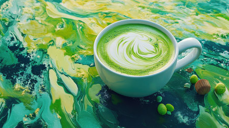 A vibrant green matcha latte served in a white ceramic cup rests on a colorful abstract surface, showcasing a beautiful swirl pattern and inviting atmosphere.の素材