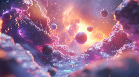 Stunning cosmic landscape showcases colorful planets amidst a vibrant nebula. Ethereal background evokes feelings of exploration and wonder in the vast universe.の素材