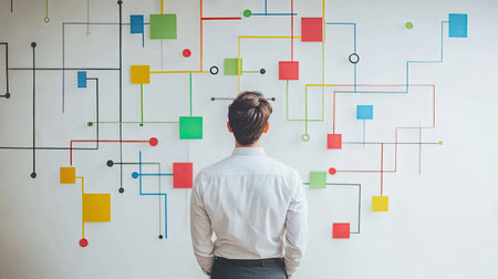 A professional man reflects on colorful abstract wall art in an office space, evoking inspiration and creativity for innovative thinking and problem-solving.の素材