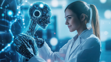 A woman scientist engages with a futuristic robot in a laboratory, showcasing the intersection of technology and human emotion. This scene highlights innovation in artificial intelligence research.の素材