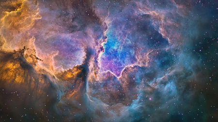 Experience the breathtaking beauty of a vibrant cosmic nebula in deep space. This stunning image captures the colorful swirl of gas and stars, evoking wonder.の素材