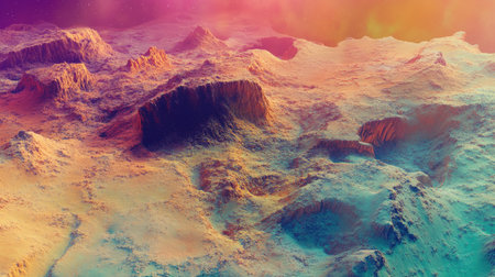 Explore a vibrant alien landscape featuring colorful terrain, mystical skies, and abstract geological formations, inviting creativity and imagination.の素材