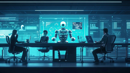 A futuristic business meeting where a robot engages with professionals using advanced technology. This image captures innovation, collaboration, and the future of work.の素材
