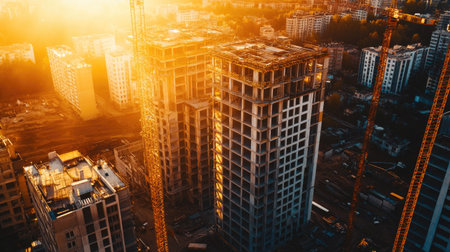 A stunning urban construction site captured at sunset, featuring towering cranes and unfinished buildings bathed in golden light. Perfect for urban development themes.の素材