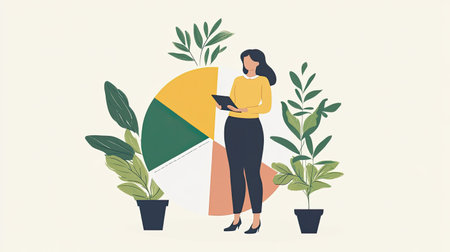 A professional woman holds a tablet in front of a colorful chart and vibrant plants. This illustration symbolizes growth, strategy, and the balance of work and nature.の素材