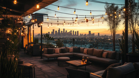 A beautifully designed rooftop lounge featuring cozy seating and warm string lights, set against a stunning city skyline at sunset. Perfect for gatherings.の素材