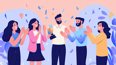 Exciting scene of friends celebrating an achievement with a trophy, showcasing happiness and support in a vibrant atmosphere filled with confetti.の素材