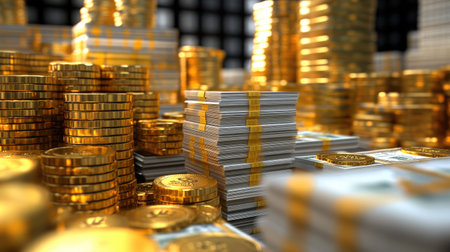 An artistic portrayal of wealth featuring stacks of money and shiny gold coins. This image captures the essence of financial abundance and prosperity.の素材