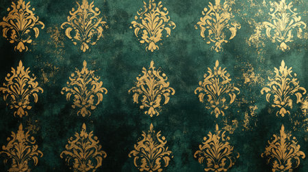 This captivating vintage wallpaper features an intricate gold design against a rich dark green backdrop, perfect for enhancing any elegant interior.の素材