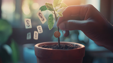 A hand places a coin beside a growing plant in a pot, symbolizing the nurturing of wealth and investment in sustainable growth. Perfect for finance and gardening themes.の素材