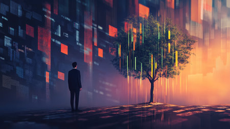 A businessman stands in a surreal landscape, gazing at vibrant data visualizations alongside a solitary tree, symbolizing growth and potential in technology and nature.の素材