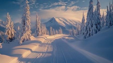 A stunning winter landscape showing snow-covered trees and majestic mountains under a clear blue sky. The peaceful scene invites exploration and adventure.の素材