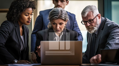 A diverse group of business professionals collaborates on strategy inside a modern office. They focus intently on a laptop, engaging in critical discussions.の素材