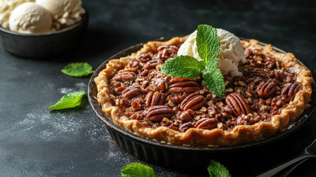 An inviting pecan pie topped with creamy ice cream and fresh mint leaves, presented beautifully on a dark surface, perfect for dessert lovers.の素材