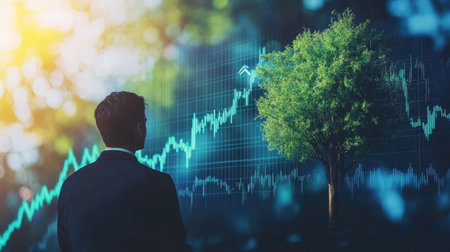 A businessman stands in front of a data visualization screen, symbolizing the growth of financial investments intertwined with nature, representing sustainability and progress.の素材