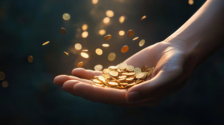 A closeup image of a hand releasing golden coins, creating a stunning display as they sparkle against a dark background, symbolizing wealth and abundance.の素材