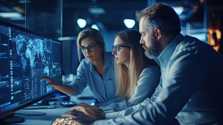 A diverse team of professionals collaborates on data analysis at modern office desks, focusing on digital screens that display detailed information and metrics.の素材