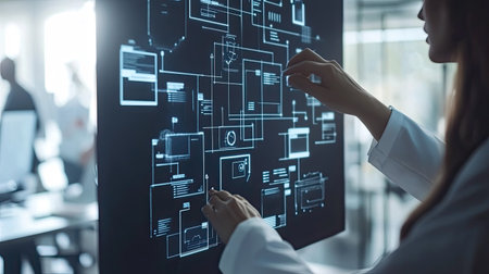 A woman interacts with a digital display showcasing data visualization in a modern office setting. The image illustrates innovation and teamwork through technology.の素材