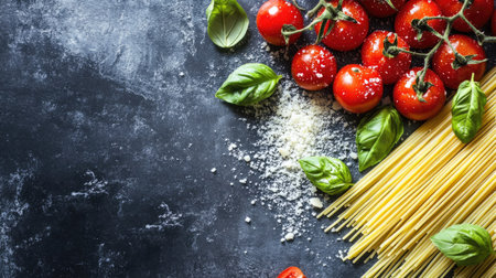 A colorful arrangement of fresh pasta, ripe cherry tomatoes, and fragrant basil leaves on a dark surface, ideal for Italian cuisine and culinary art.の素材