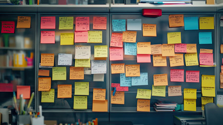 A vibrant display of colorful sticky notes fills an office cabinet, showcasing a creative and organized workspace. Each note enhances productivity and inspiration.の素材