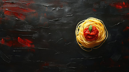 A stunning plate of spaghetti topped with vibrant tomato sauce and a fresh basil leaf, set against a dark textured background. Perfect for culinary themes.の素材