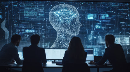 A dynamic scene showcasing a business team in an office, engaged with a holographic representation of AI technology, reflecting innovation and collaboration.の素材