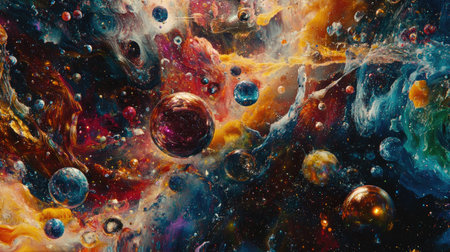 A stunning abstract illustration of the cosmos featuring vibrant colors, celestial bodies, and intricate nebulae, evoking a sense of wonder and exploration.の素材