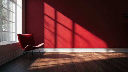 A modern interior scene featuring a striking red wall and a stylish chair casting shadows in the warm sunlight, creating an inviting and serene ambiance.の素材
