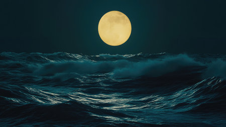 A captivating scene of ocean waves gently rolling under a bright full moon, casting shimmering reflections across the water's surface. The tranquil atmosphere evokes peace and solitude.の素材