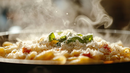 A vibrant plate of steaming pasta garnished with fresh basil and grated cheese, highlighting the deliciousness of Italian cuisine and inviting dining experiences.の素材