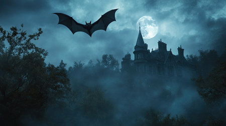 A haunting scene depicts a bat soaring over a gothic castle under a full moon, surrounded by fog and silhouettes of trees, creating an eerie atmosphere.の素材
