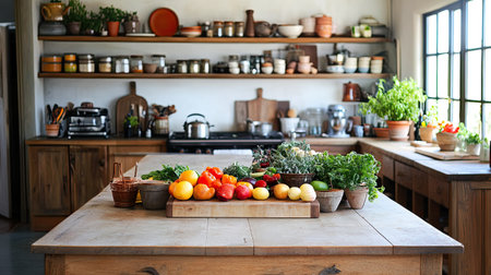 A beautiful rustic kitchen featuring a variety of fresh organic vegetables and fruits on a wooden countertop, highlighting a vibrant and wholesome atmosphere ideal for culinary preparation.の素材