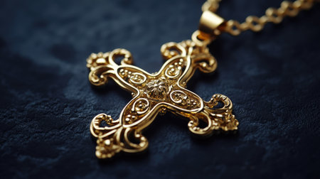 Beautifully crafted golden cross pendant showcasing intricate details. Perfect for religious occasions or as a stylish accessory. A true statement piece.の素材