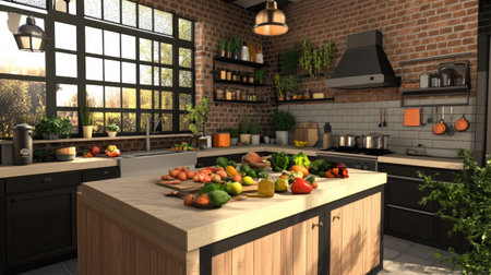 Bright and airy kitchen featuring fresh vegetables on a wooden counter. The rustic brick wall and natural light create a welcoming atmosphere for cooking and gathering.の素材