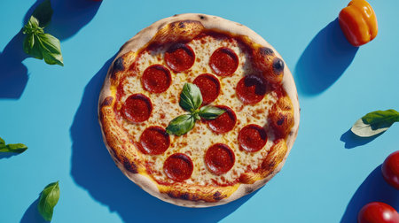 A mouthwatering pepperoni pizza topped with fresh basil sits on a vibrant blue background, creating an appetizing visual for food lovers and culinary enthusiasts.の素材