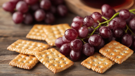 A delicious arrangement of savory crackers paired with fresh purple grapes on a rustic wooden table, perfect for snack or appetizer ideas.の素材