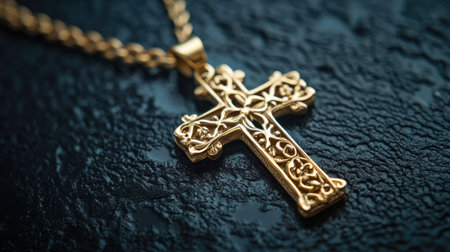 A stunning gold cross pendant with intricate designs, resting on a dark textured surface. Ideal for religious symbolism, fashion accessory, or artistic display.の素材