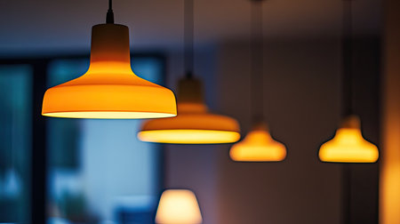 Beautiful pendant lamps illuminate a stylish interior space with warm, inviting light, creating a cozy atmosphere and enhancing modern decor elements.の素材
