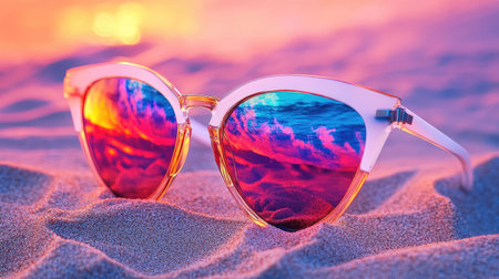 A pair of stylish sunglasses rests on soft sand, capturing a vibrant sunset reflection. Perfect for evoking summer vibes and relaxation by the beach.の素材