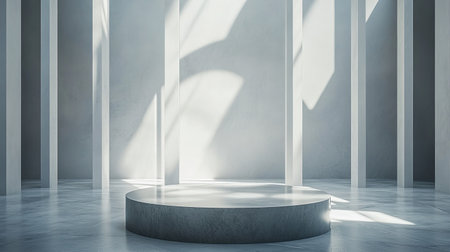 Bright and spacious minimalist studio interior featuring a circular platform. Natural light casts beautiful shadows on the gray walls, creating a serene atmosphere.の素材