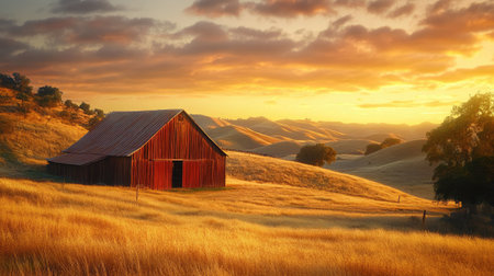 A tranquil sunset casts golden hues over a rustic barn set in gently rolling fields, creating a picturesque rural landscape that evokes peace and serenity.の素材