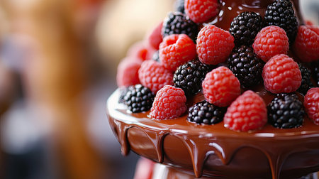 A close-up view of a chocolate fondue fountain adorned with fresh raspberries and blackberries, creating a vibrant and delicious dessert display for any festive occasion.の素材