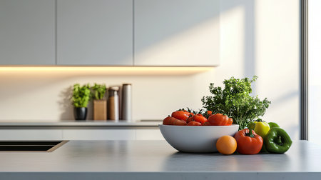 Bright and airy kitchen featuring a bowl filled with fresh vegetables and fruits, perfect for a healthy meal preparation in a modern home setting.の素材